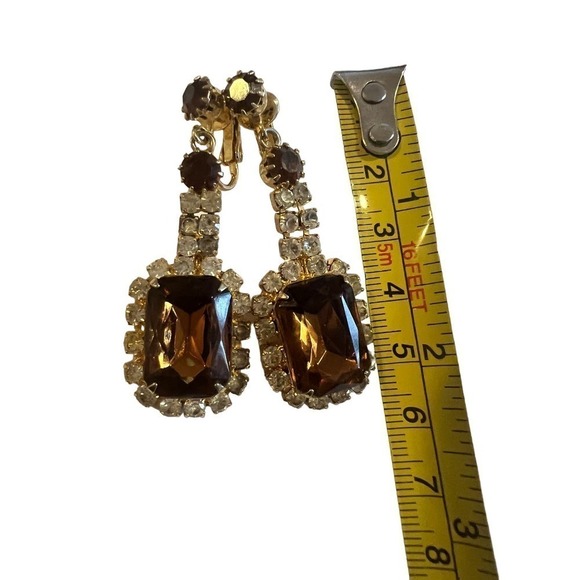 Gold plated earrings with amber and clear acrylic rhinestones - Picture 2 of 2